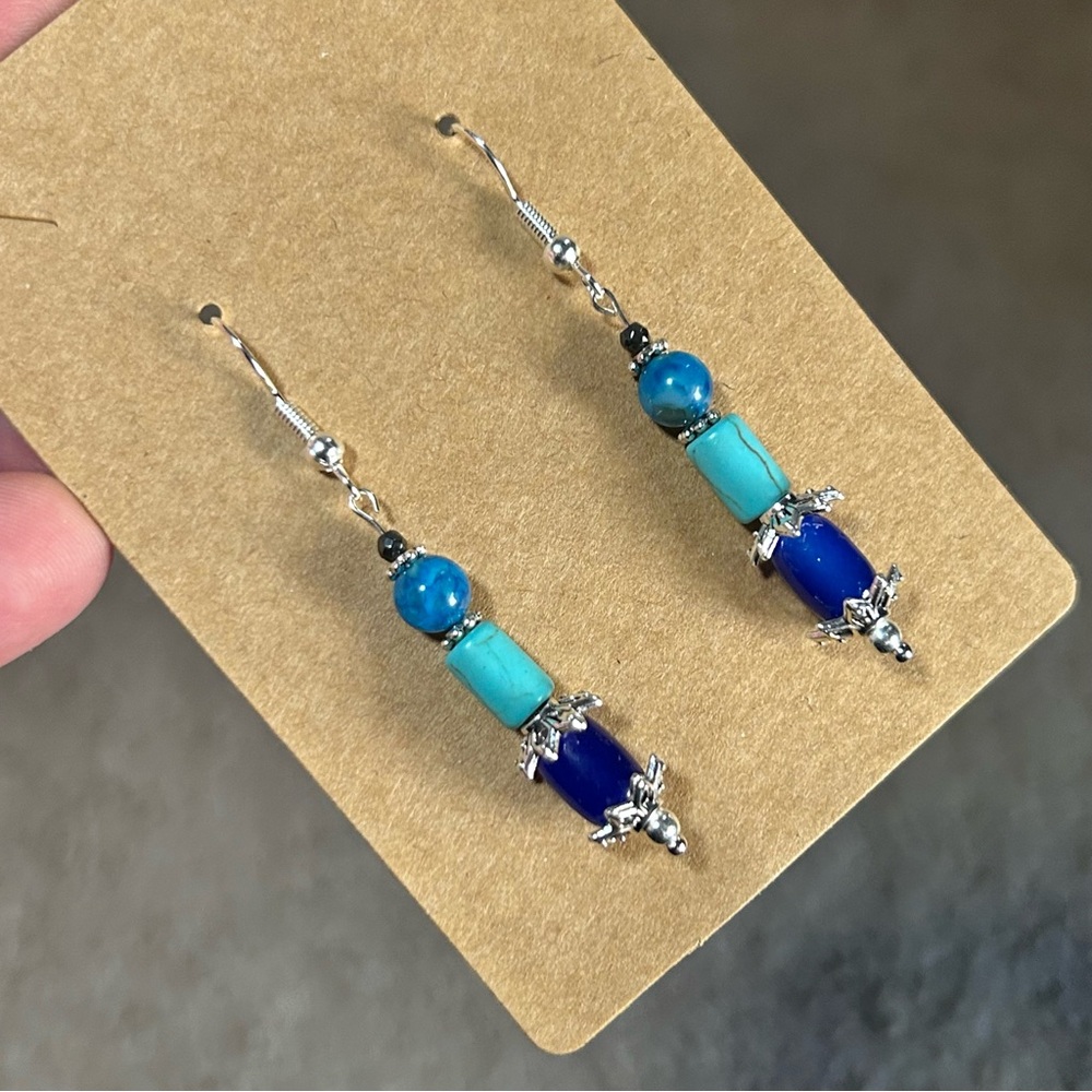 Handcrafted elegant faux turquoise dragon vein faceted hematite earrings